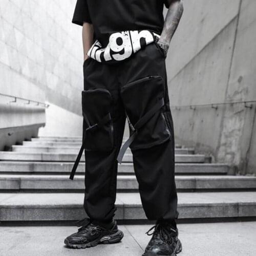 Men big pockets punk hip hop pants ribbons streetwear joggers man vintage gothic cargo pants casual trousers