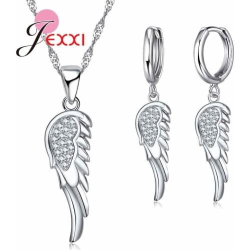 Brand Wedding Silver Jewelry Sets For Woman Angel Wings Shape Pave Crystal Drop Earrings Pendant Necklace Set