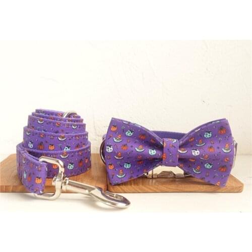 Halloween Dog Collar and Leash Set Custom ID Pet Gift for Dogs Adjustable Durable Metal Buckle Dog Collar with Bow Matching Lead