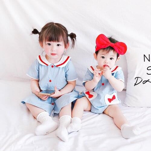 Big Sister Little Sister Dress Matching Clothes Summer Family Look Dress Bule Short Sleeve Dresses New Born Baby Girl Clothes