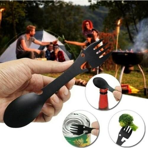 Hiking Gear Multifunctional Knife Outdoor Tool Stainless Steel Fork Practical Camping Opener Can Bottle Survival Spoon Knif Y4F5