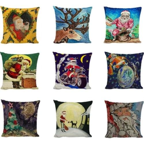Cushion Cover Santa Claus Painted Style Linen Material Elk Dog Pillowcase New Year Living Room Sofa Bedroom Bedside Decoration