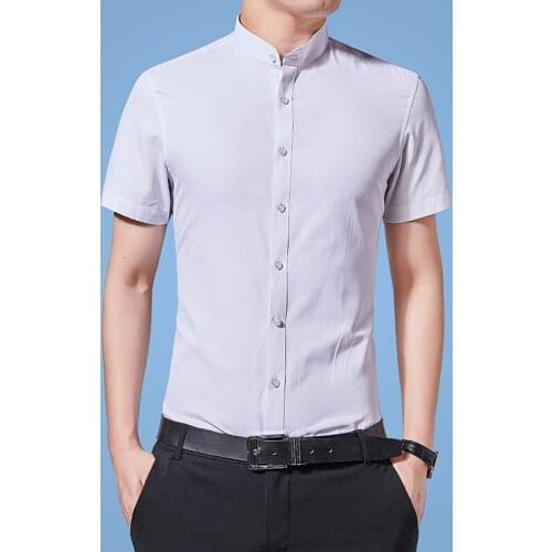 High Quality Boutique Mens Luxury Shirts Stand Collar Slim Fit Short Sleeve 100% Cotton Daily Casual White Shirt 4XL 5XL