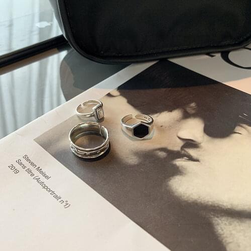 925 Sterling Silver Black Drop Glaze Hexagon Square Thai Silver Ring for Women Geometric Open Ring Jewelry S-R857