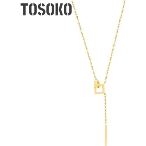 TOSOKO Stainless Steel Jewelry Geometric Square Long Tassel Necklace Womens Fashion Clavicle Chain BSP819