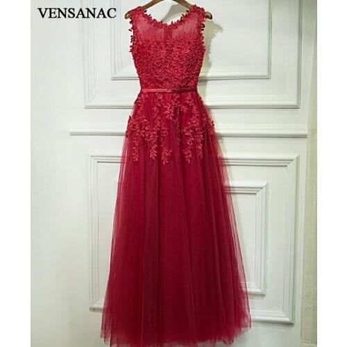 VENSANAC 2018 Flowers O Neck Lace Appliques A Line Long Evening Dresses Elegant Party Pearls Sash Tulle Prom Gowns