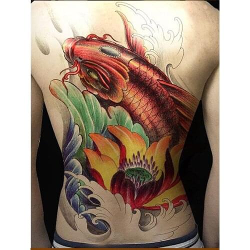 Temporary tattoos large carp fish full back fake transfer tattoo stickers hot sexy men women lotus flowers waterproof designs