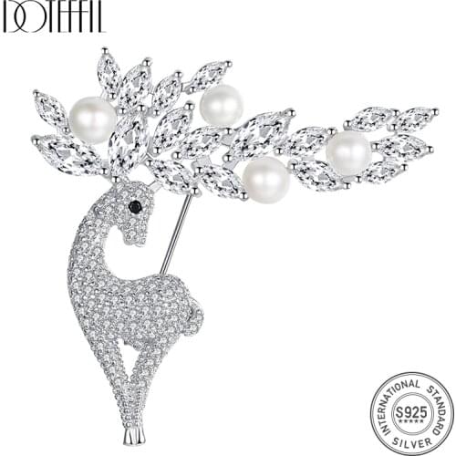 DOTEFFIL 925 Silver Brooch for Women Natural Freshwater pearls Zircon Deer Shaped Brooch Women Accessories Jewelry Gift Party