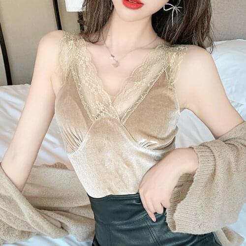 Shintimes Floral V-Neck Lace Velour Camis Sexy Club White Tank Top Women 2021 Black Vintage Camisole Summer Tops Backless Femme