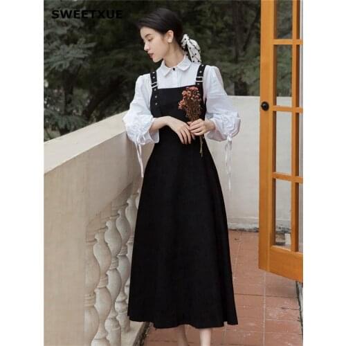 SWEETXUE Spring Suit Female Retro Design Sense Literary Shirt With Black Corduroy Strap Skirt Autumn Two-Piece Sets Women
