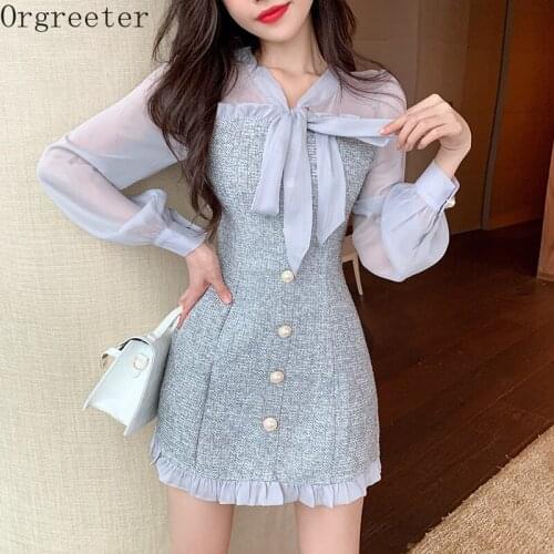 Spring New Sexy See-through Chiffon Lantern Sleeve Patchwork Tweed Mini Dress Women Ribbon Bow Pearl Button Bodycon Dress