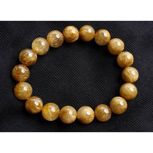 Women Natural Titanium Golden Yellow Rutilated Quartz Crystal Fashion Stretch Charm Bracelet 12mm