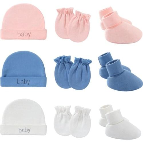3Pcs/set Newborn Baby Hat Gloves Socks Set Solid Color Soft Cotton Baby Boy Girl Cap Mittens Infant Baby Shower Gift