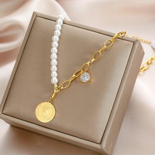 316L Stainless Steel New Fashion Jewelry Pearl Zircon Double-sided Queen Charms Thick Chain Choker Necklaces Pendants For Women