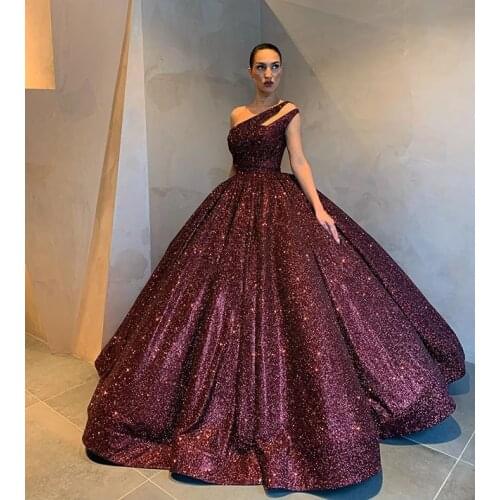 2021 One shoulder Glittery Evening Dress Ball Gown Corset Back Sleeveless Long Formal Evening Party Gowns Robe De Soiree