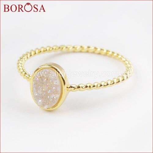 BOROSA 10PCS New Gold Color Oval Rainbow Drusy Rings, Mixed Colors Titanium Rainbow Druzy Bezel Ring Jewelry for Women ZG0289