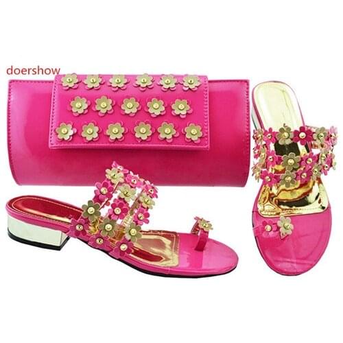 Doershow Fashion Rhinestone fuchsia Shoes And Bag Set Newest African Women low Heels Pumps Matching Purse For Wedding!BF1-8