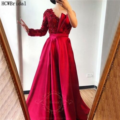 One Shoulder Red Long Arabic Evening Dress Exquisite Beaded Appliques Satin Plus Size Prom Gowns Robe De Soiree Graduation Dress