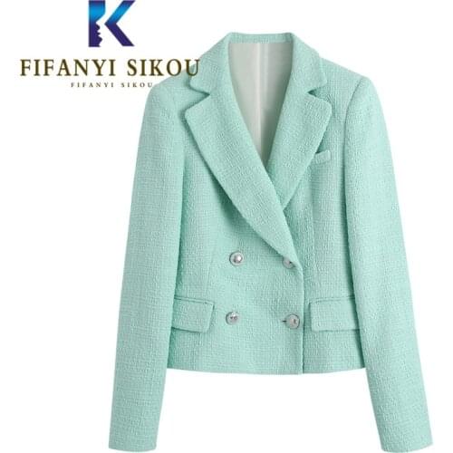 Mint Green Blazer Jacket Women 2021 New Spring Double Breasted Fashion High Quality Short Suit Jacket Ladies Casual Blazers Coat