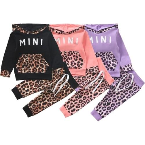 0-24M Newborn Baby Boy Girl Long Sleeve Hooded Sweatshirt Tops Leopard Long Pant Trouser 2PCS Autumn Clothes Set