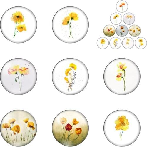 New Yellow Poppies Beautiful Flower 10pcs Mixed 12mm/20mm/25mm/30mm Round Photo Glass Cabochon Demo Flat Back Making Findings