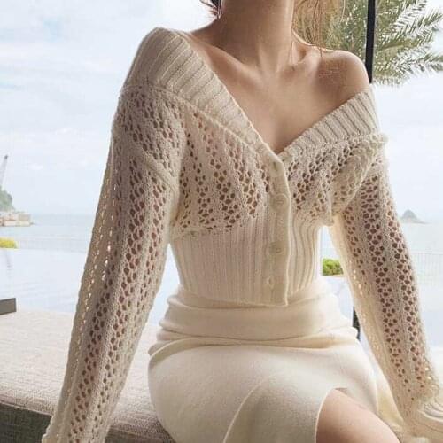 OUMENGKA Vintage V-Neck Mesh Long Sleeve Women Sweater 2021 Autumn Short Knitted Cardigan Sweaters Womes France Style Tops