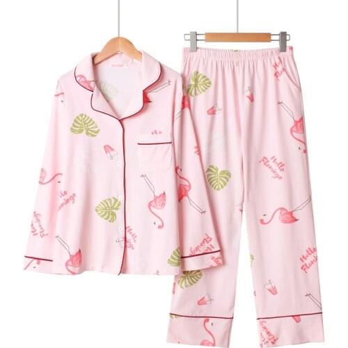 Flamingo Printing Pajamas 100% Cotton Long Sleeve Pyjamas Women Turn-down Collar Pijama Mujer Loungewear Sleepwear Home Clothes