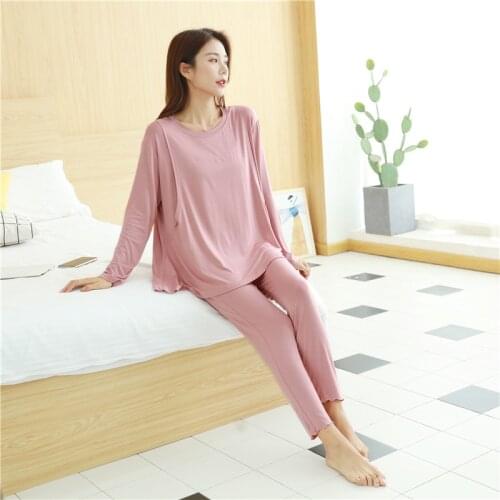Fdfklak Maternity Autumn Lactation Pajamas Set Long Sleeve Modal Nursing Sleep Top+Trousers Women Breastfeeding Sleepwear