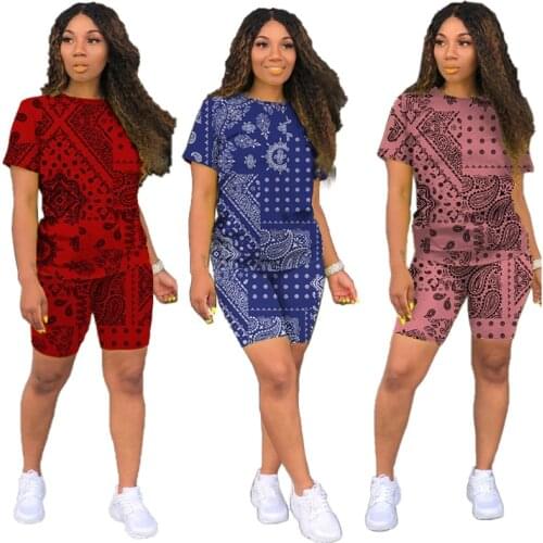 Bandana Print Two Piece Set For Women Summer Short Sleeve T Shirts And Casual Shorts Loose Tracksuits Fashion Outfit Sports Wear