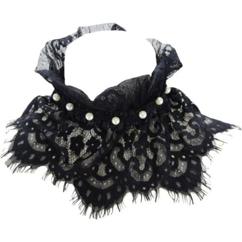 Pleated Ruffles Stand Fake Collar Crochet Lace Imitation Pearl Necklace Choker K1ME