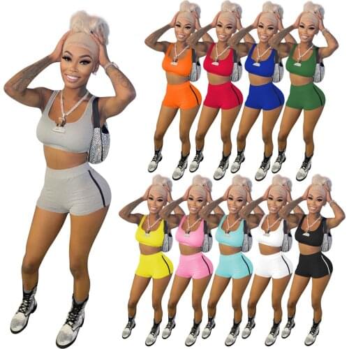 Casual Two Piece Set Solid Color Sleeveless Vest Sports Jogging Biker Streetwear Shorts Matching Suit Women Summer