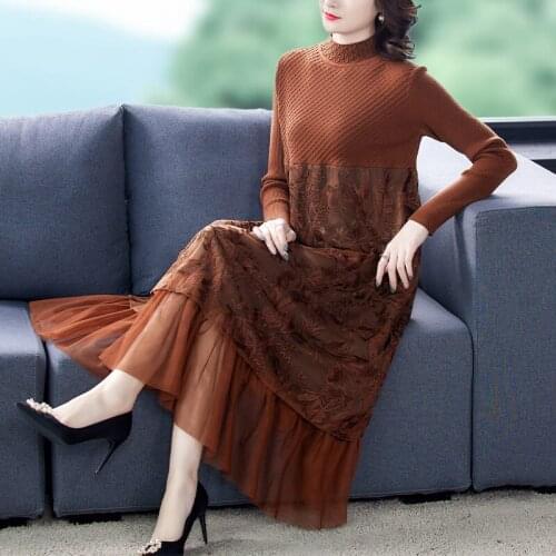 Retro Plus Size Long Knit Dress Female Autumn Winter Mesh Stitching Sweater Dress Fashion O-Neck Full Sleeve Loose Robe y1419