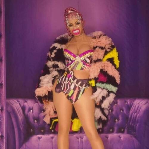 Sexy Rhinestone Party Bra Shorts With Multicolor Mesh Oversize Coats Women Club Prom Jazz Hip Hop DJ Singer Stage Outfit Sets