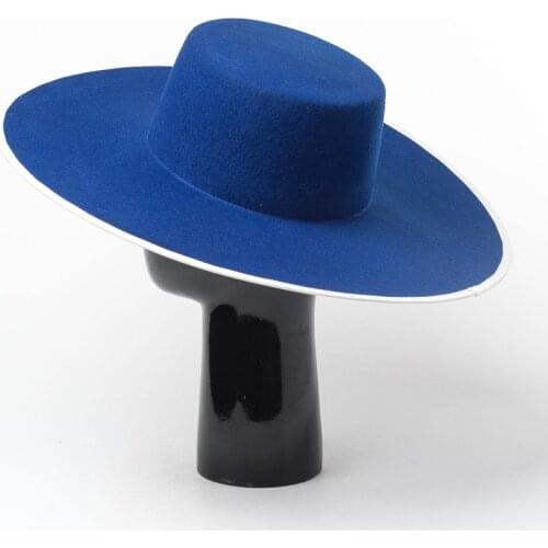 New Blue Real Wool Flat Fedora Hat Men Wome Solid color Big Wide Brim Felt Hat Derby Party Church Hat Adjustable Panama Jazz Hat