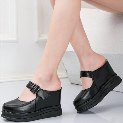 Summer Mary Janes Women Genuine Leather Wedges High Heel Platform Pumps Shoes Female Round Toe Fashion Sneakers Casual Shoes