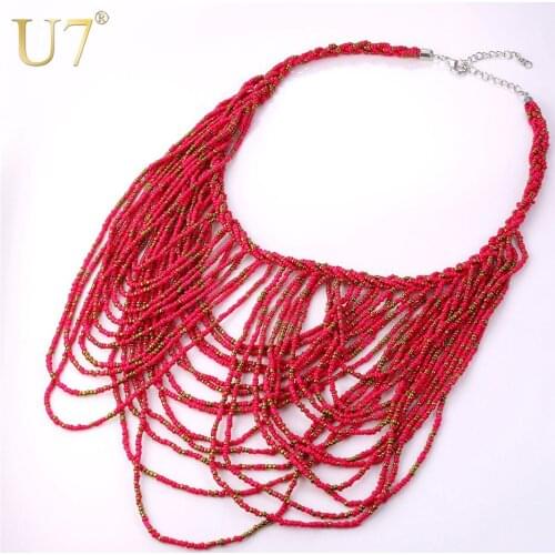 U7 Boho Jewelry Multilayers Beads Necklace Women 5 Colors Summer Cocktail Trendy Big Maxi Statement Necklace N519