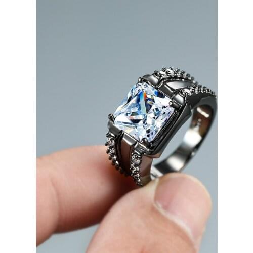 Vintage Male Female White Zircon Ring Punk 14KT Black Gold Wedding Rings For Women Men Trendy Square Crystal Engagement Ring