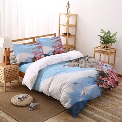 Japan Mount Fuji Cherry Blossoms Pattern Bedding Set Sheet Linens Twin Size Duvet Cover Set For Bed Cover Pillowcase For Home