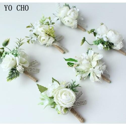 YO CHO White Bride Hand Wrist Flower Wedding Bouquet Handmade Silk Flores Boutonniere Corsages Pin for Bridesmaids Decor Flowers