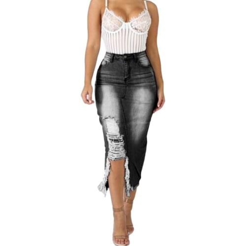 Women Trendy Retro Washed Irregular Skirts Fashion High Waist Ripped Split Denim Distressed Jeans Elastic Bodycon Long Skirt