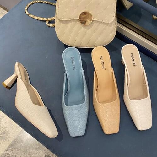 Woman High Heel Flip Flop Spring Slipper Square Toe Slip On Mules Sandals High Quality Thin High Heel Slides Ladies Dress Shoes