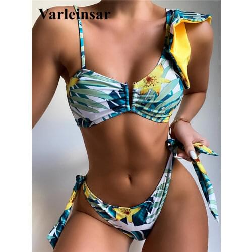 Leaves Printed Asymmetric V Shaped Bikini Female Swimsuit Women Swimwear Two-pieces Bikini set Bather Bathing Suit Swim V3125