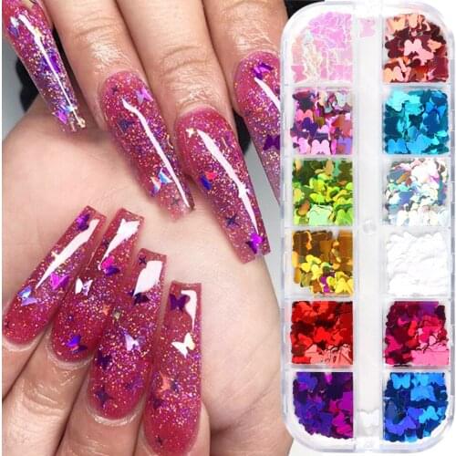 12 nail sequins Gold and silver glitter heart-shaped butterfly patch set Irregular glitter sequins and foil nail art decoration