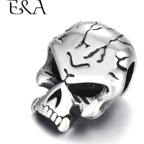 Stainless Steel Beads Skull Spacer Large Hole 6mm Slide Charm Pendant DIY Men Bracelet Making Supplies Handmade Jewelry Findings