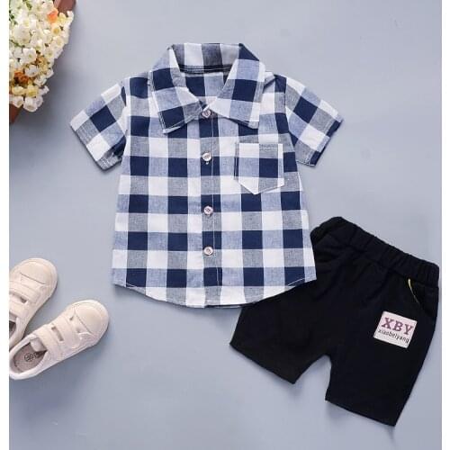 DIIMUU 2Pcs Summer Fashion Kids Baby Boys Clothing Outfits Toddler Infant Boy Summer Casual Plaid Shirt + Middle Pants Set