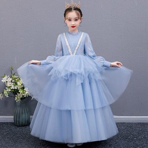 Flower Girl Dresses Crystal Sequined Beading High Pleat Pearls Blue Princess Floor-Length Tulle Lace Full Kids Party Gown H246