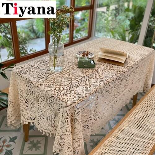 Elegant Beige Table Covers Nordic Pastoral Lace Tablecloth Crochet Square Tablecloths Dining Napkins Table Cloth Round Tassels Z