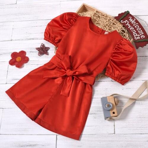 FOCUSNORM 1-6Y Lovely Kids Girls Jumpsuits Lace Puff Sleeve Solid Belt Bandage Overalls Rompers Summer Outfits