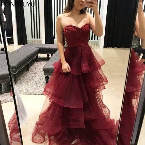 HONGFUYU Sweetheart Wine Red Evening Dresses Sexy Prom Dress Vestidos De Fiesta Backless robe de soiree Formal Gowns Zipper