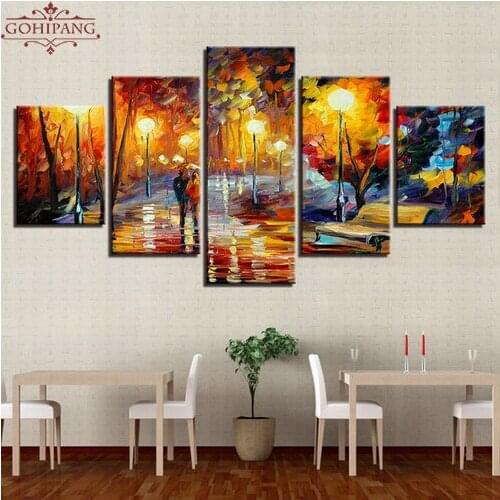 Canvas Prints Painting Framework Home Decor Wall Art 5 Pieces Walking In The Rain Nightscape Pictures Abstract Color Tree Poster